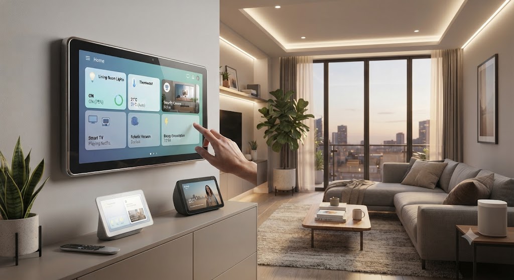 다양한 스마트홈 IoT 기기(AI 스피커, 스마트 허브, CCTV, 로봇청소기, 조명, 스마트폰 앱 화면)가 통합된 현대적인 거실의 모습.