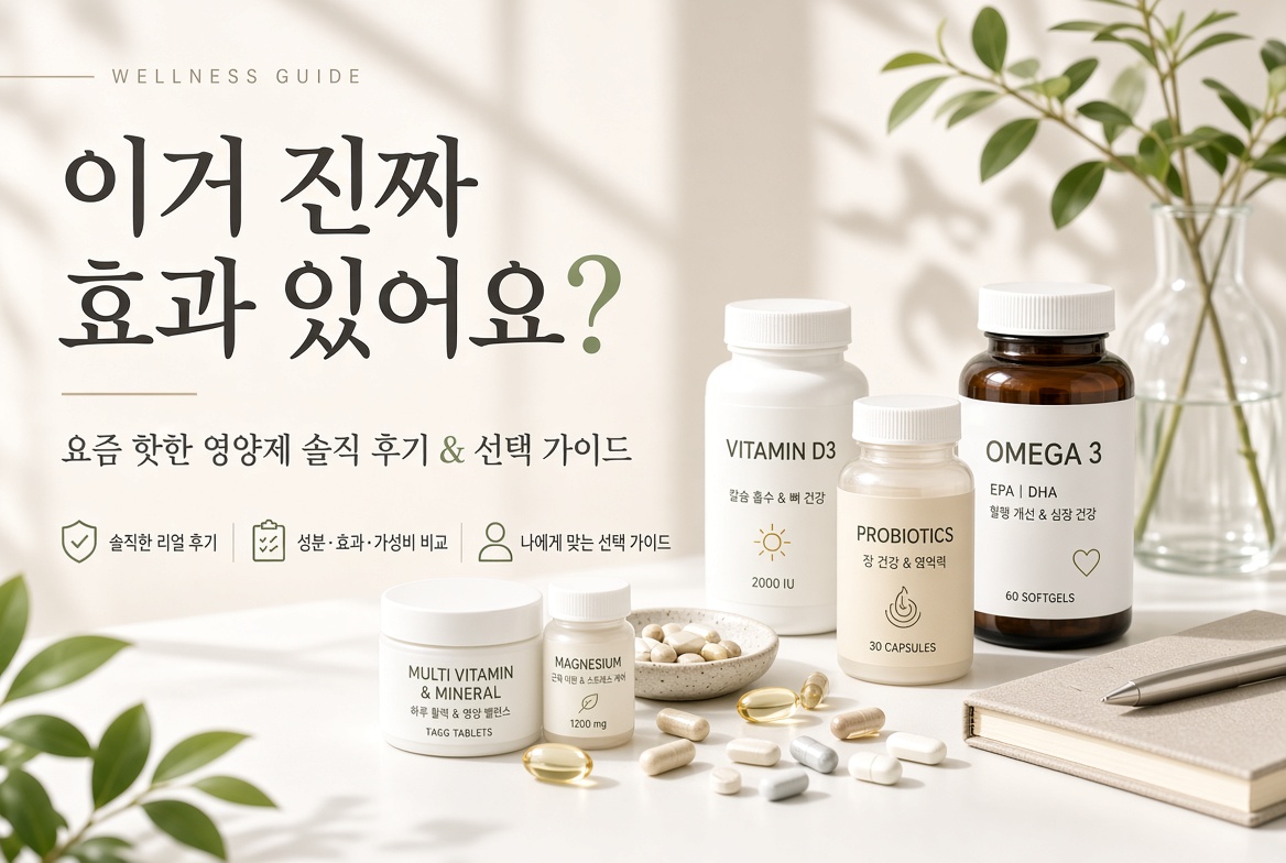 요즘 인기 있는 영양제들을 한눈에 보여주는 이미지입니다. 프로바이오틱스, 오메가3, 마그네슘, 비타민D, 루테인 등 다양한 제품이 깔끔하게 배치되어 있어 선택 가이드에 참고하기 좋은 대표 사진입니다.